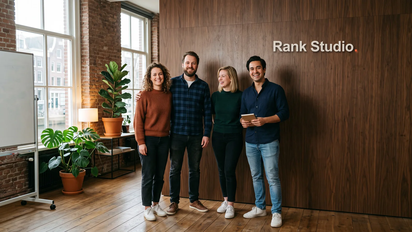 Het team van Rank Studio in de studio, met het logo aan de wand