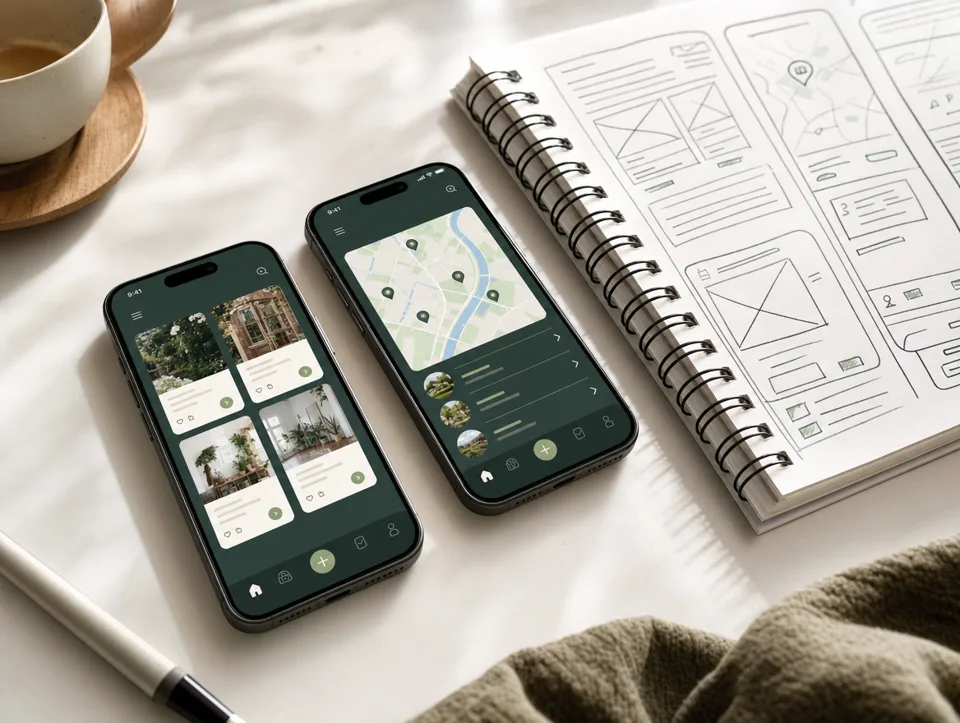 Twee telefoons met een app-ontwerp naast een schetsboek met wireframes