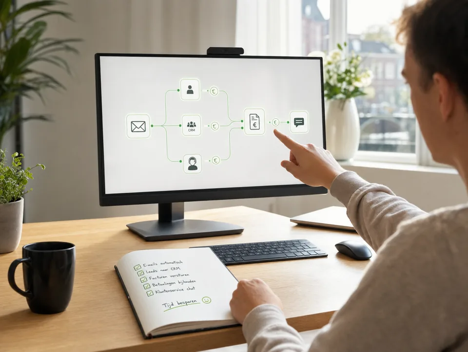 Ondernemer wijst op een scherm met een geautomatiseerde route van mail naar CRM en factuur
