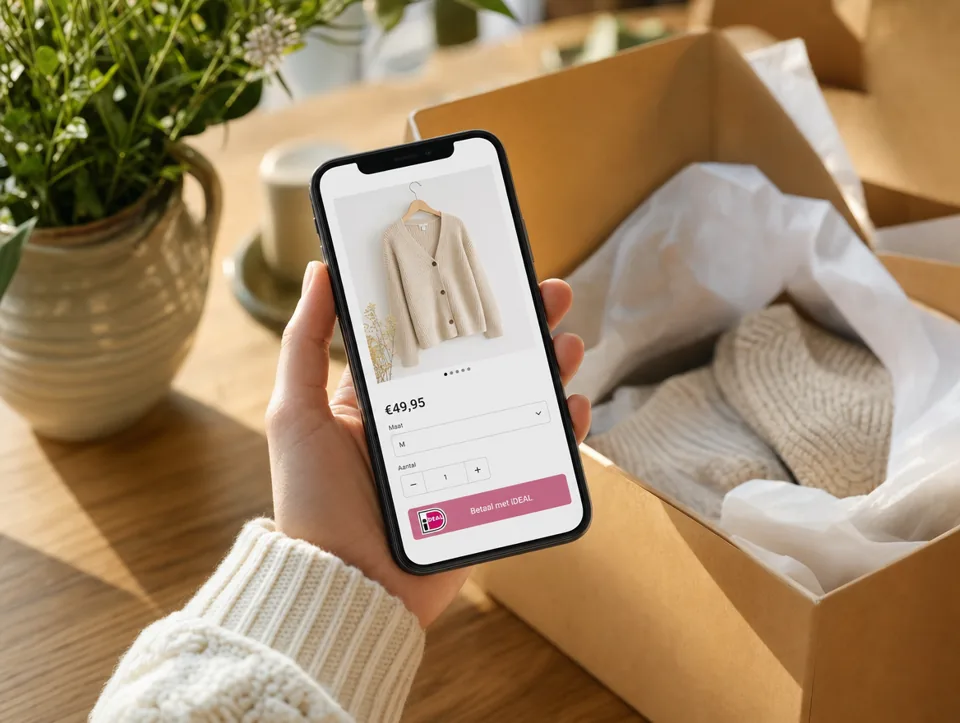 Telefoon met een productpagina en een iDEAL-betaalknop, naast een ingepakte bestelling