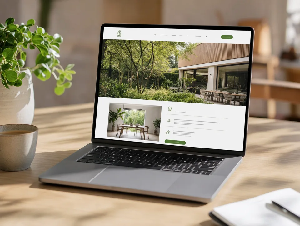Laptop op een bureau met een nieuwe bedrijfswebsite in beeld