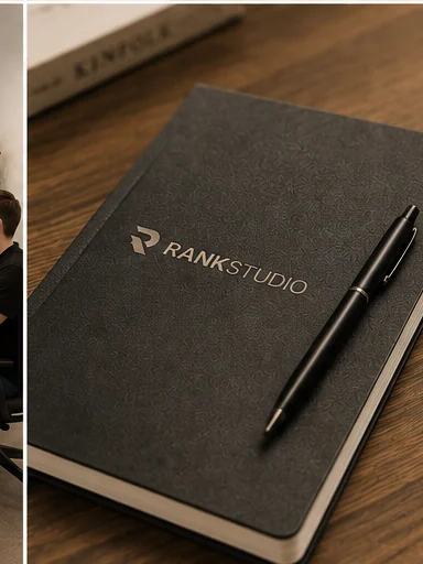 Notitieboek met schetsen van een websitestructuur op het bureau van Rank Studio