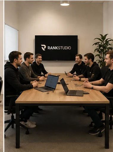 Het team van Rank Studio overlegt over een nieuw project