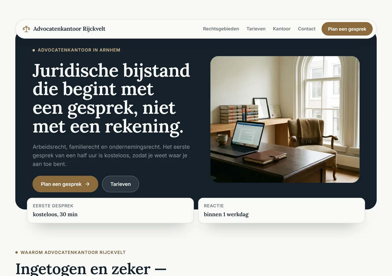 Voorbeeldsite voor een advocatenkantoor: het verzonnen bedrijf Advocatenkantoor Rijckvelt