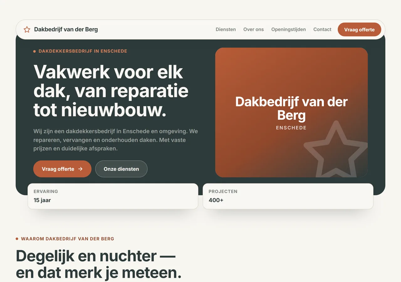 Voorbeeldsite voor een dakdekkersbedrijf: het verzonnen bedrijf Dakbedrijf van der Berg