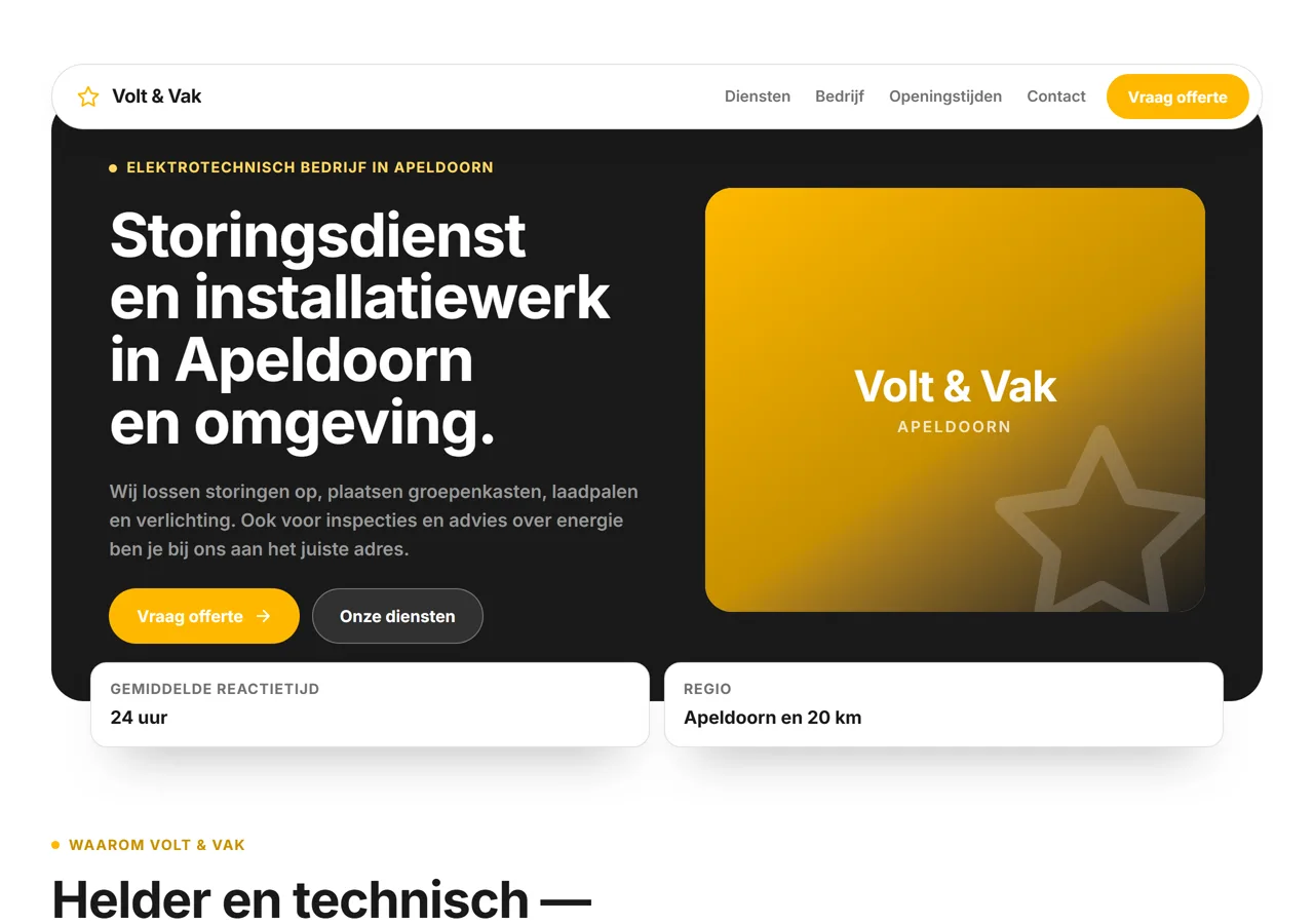 Voorbeeldsite voor een elektrotechnisch bedrijf: het verzonnen bedrijf Volt & Vak