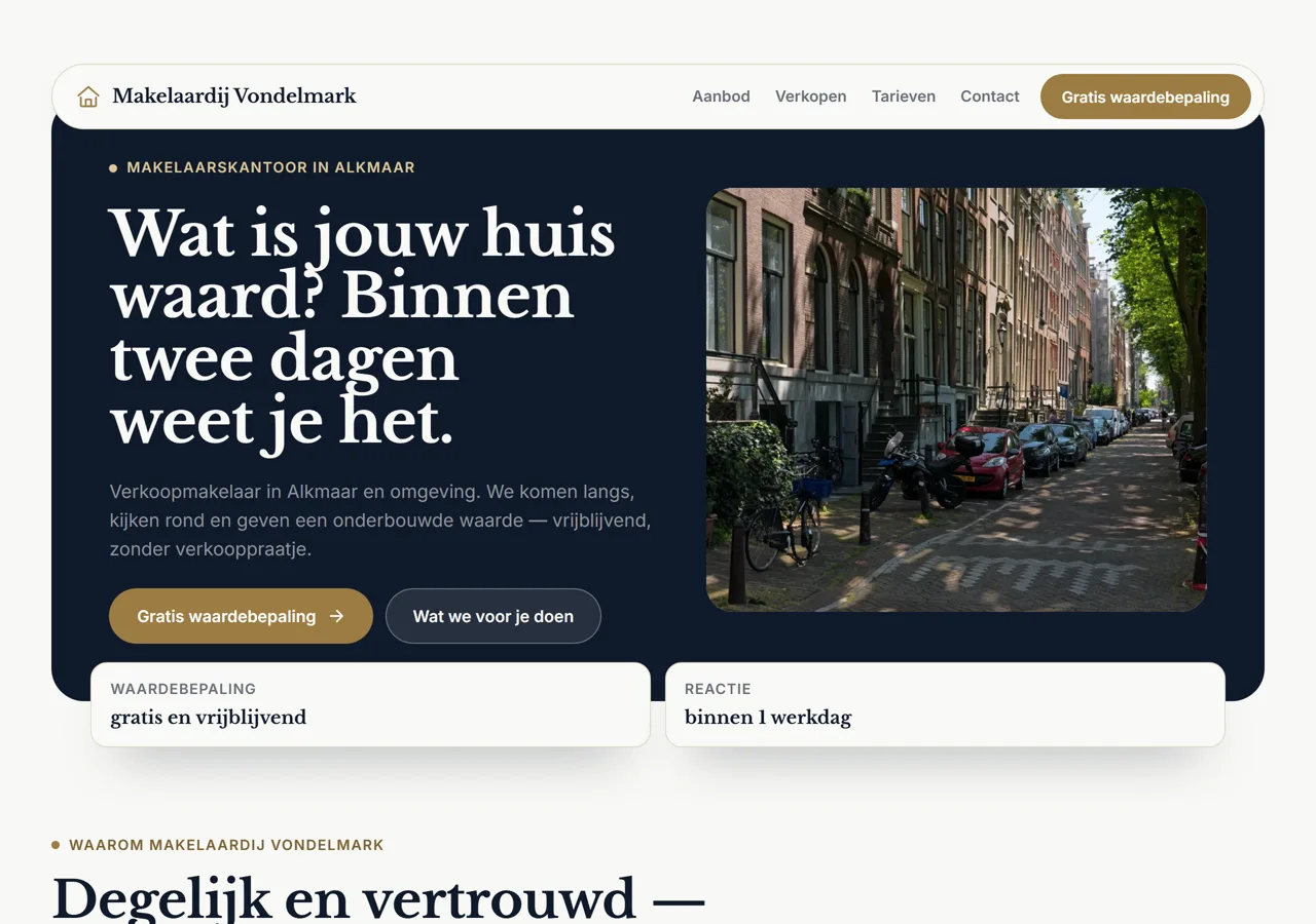 Voorbeeldsite voor een makelaarskantoor: het verzonnen bedrijf Makelaardij Vondelmark