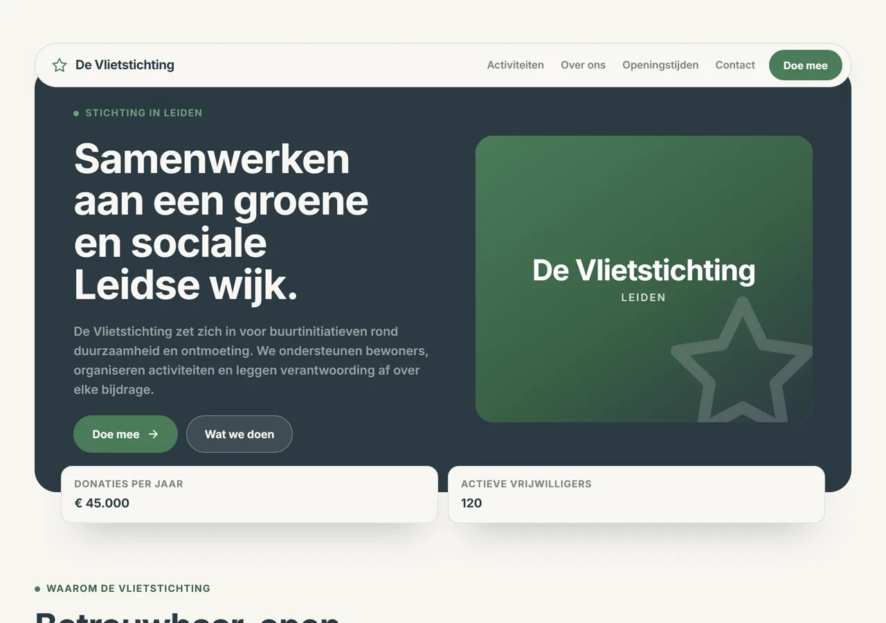 Voorbeeldsite voor een stichting: het verzonnen bedrijf De Vlietstichting