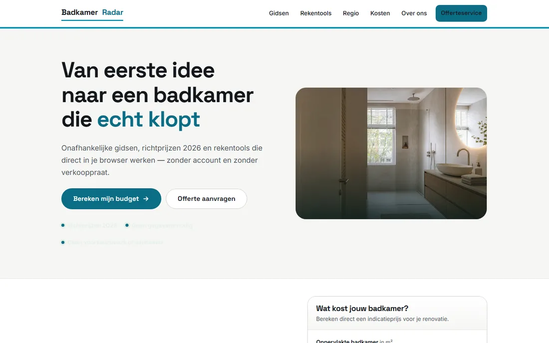 Startpagina van badkamerradar.nl, een leadsite van Rank Studio