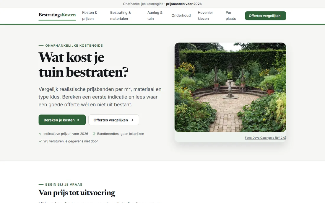 Startpagina van bestratingskosten.nl, een leadsite van Rank Studio