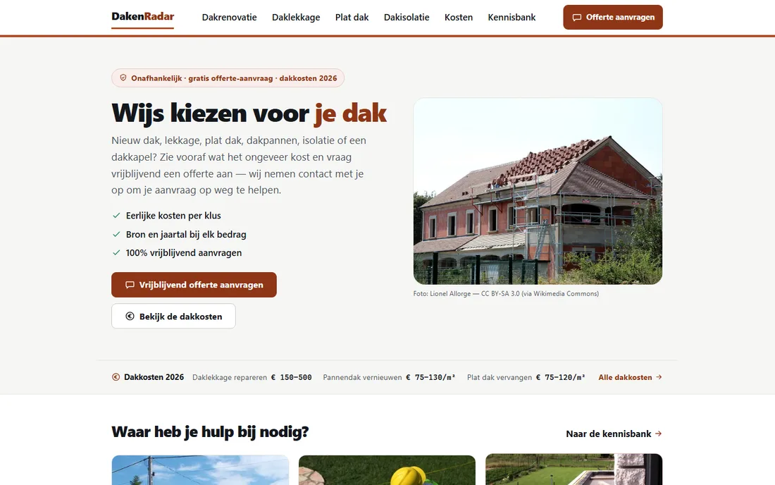 Startpagina van dakenradar.nl, een leadsite van Rank Studio