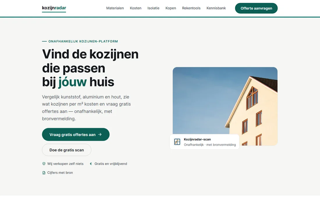 Startpagina van kozijnradar.nl, een leadsite van Rank Studio