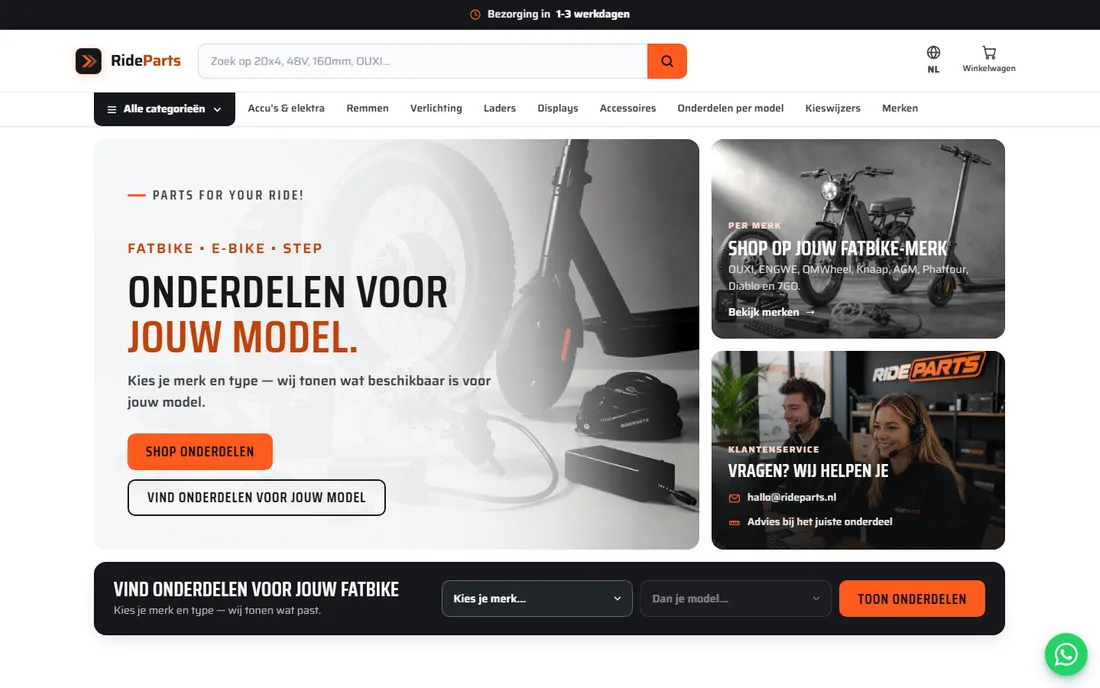 Startpagina van RideParts op rideparts.nl, gebouwd en beheerd door Rank Studio