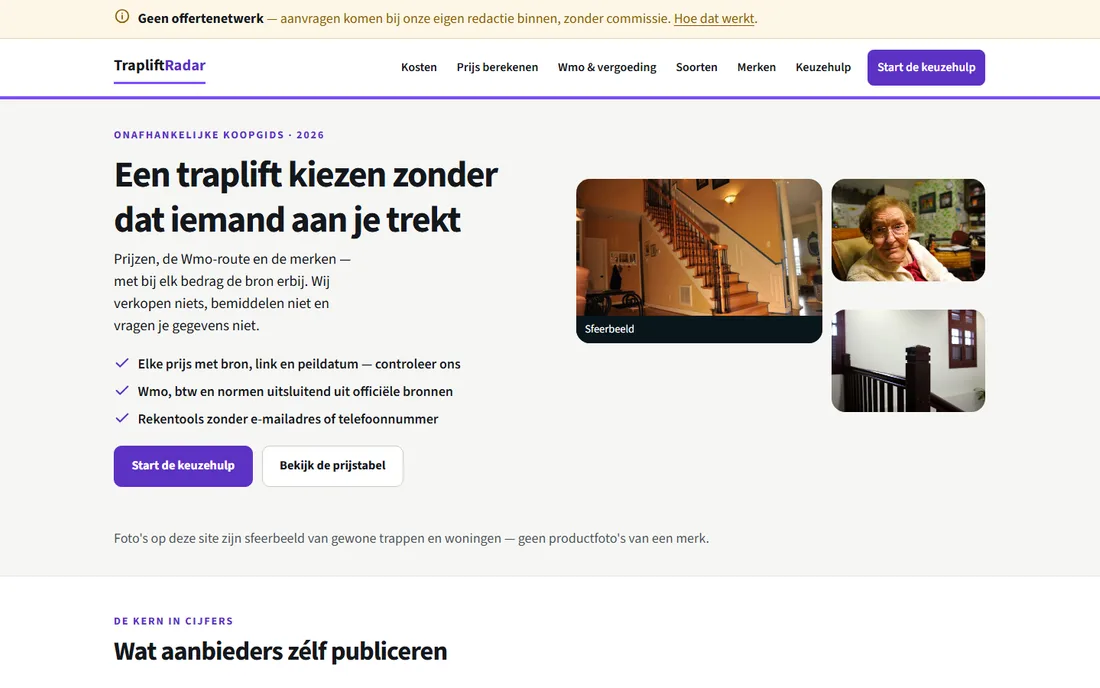 Startpagina van trapliftradar.nl, een leadsite van Rank Studio