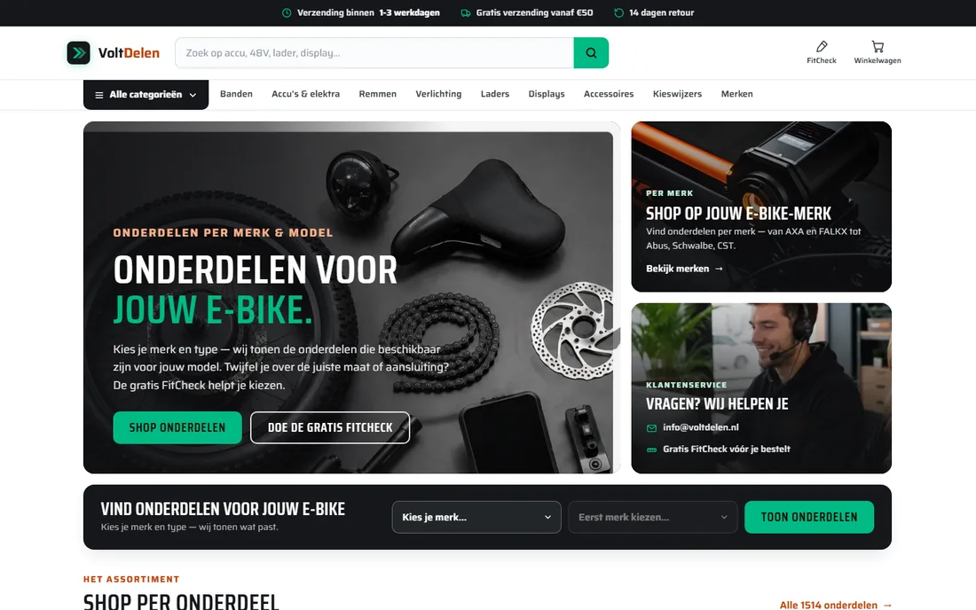 Startpagina van voltdelen.nl, een webshop van Rank Studio