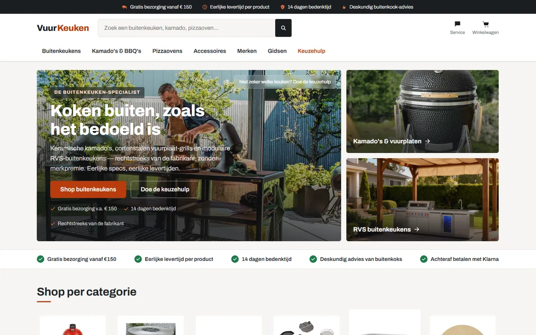 Startpagina van vuurkeuken.nl, een webshop van Rank Studio
