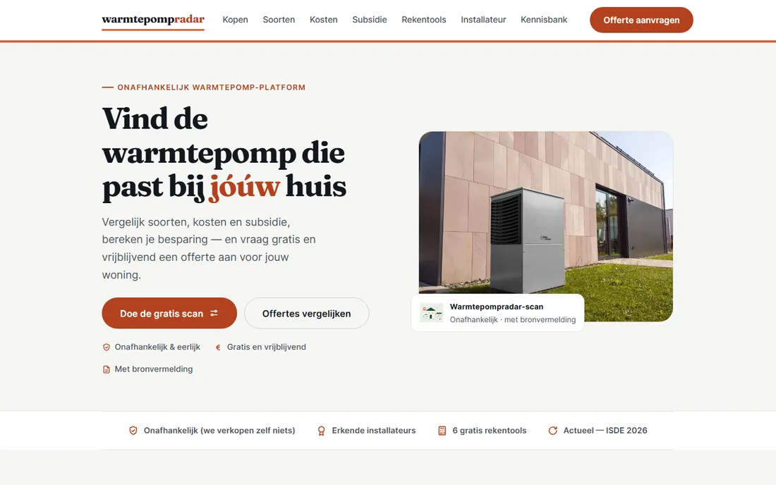 Startpagina van warmtepompradar.nl, een leadsite van Rank Studio
