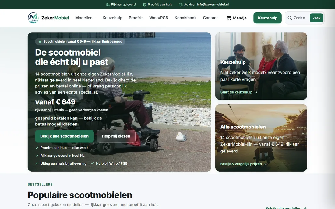 Startpagina van zekermobiel.nl, een webshop van Rank Studio