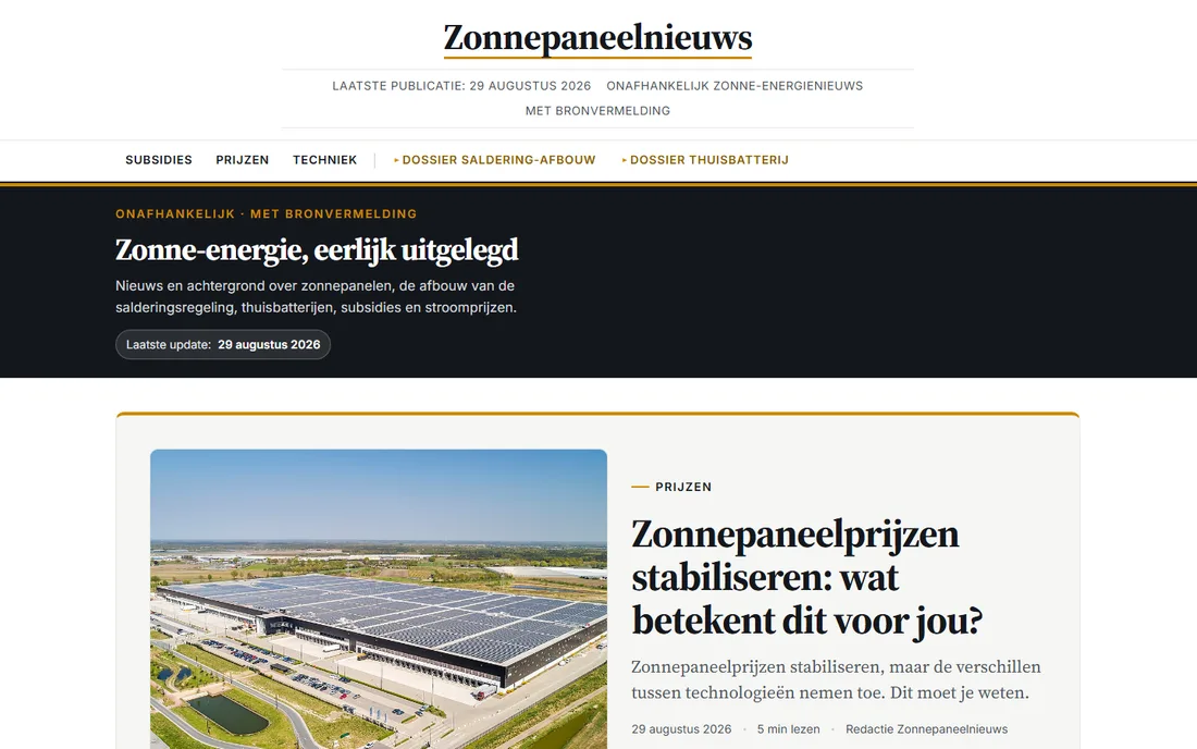 Startpagina van zonnepaneelnieuws.nl, een contentsite van Rank Studio